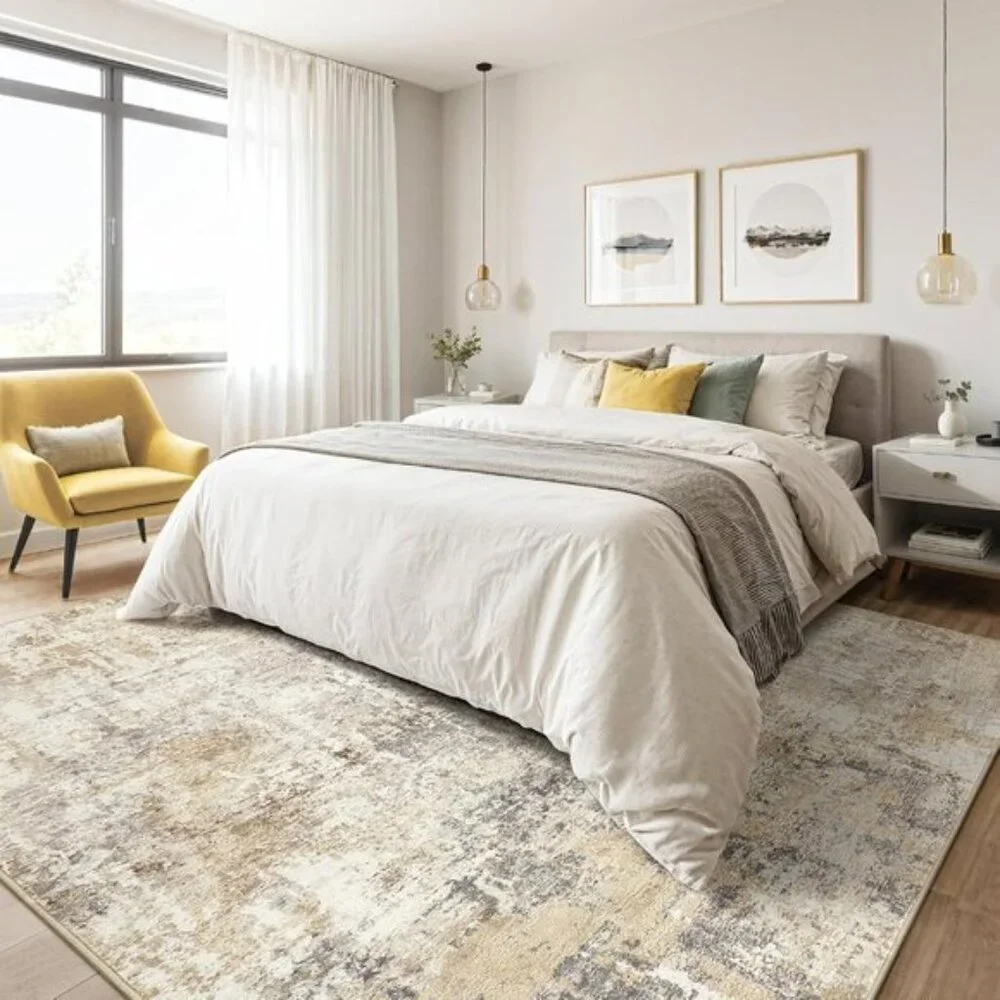 5x7 Gray Gold Washable Area Rug, Modern Abstract Non-Slip Carpet for Room Decor